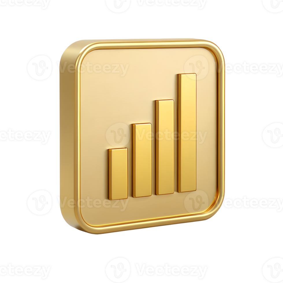 3d dourado quadrado botão com ascendente Barra gráfico crescimento sucesso e progresso ícone png