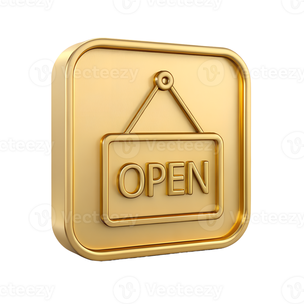 3D Render of Gold Open Sign Square Icon Business Store Grand Opening Luxury png