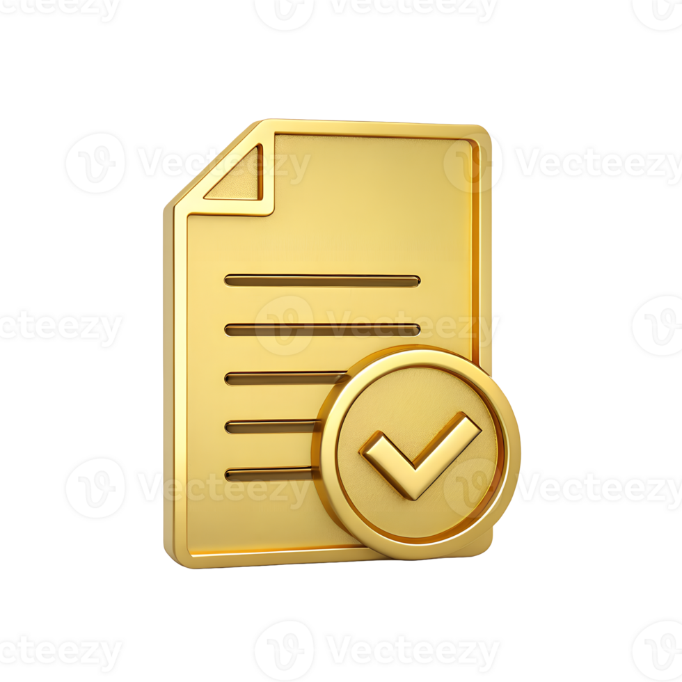 3D Golden Document Icon with Check Mark Approved Completed Success Validation png
