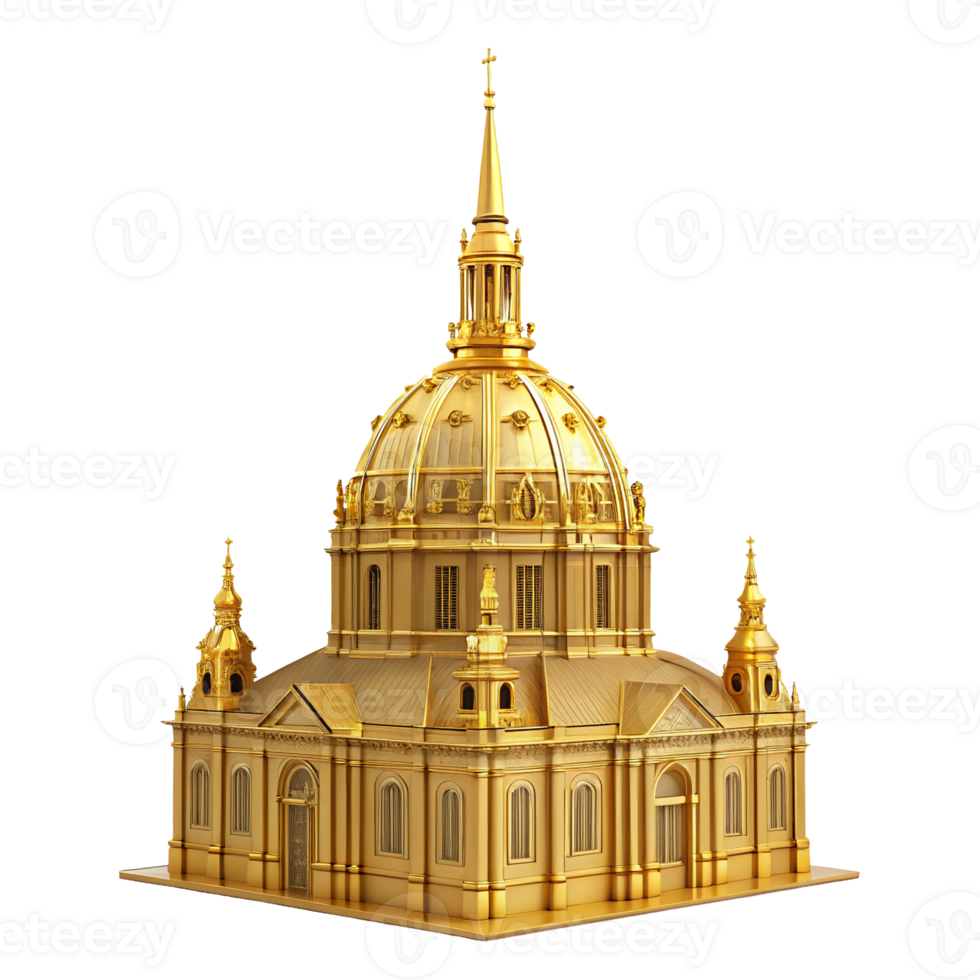 Golden Dome Church Building Architectural Model 3D Render Religious Structure Luxury Gold Design png