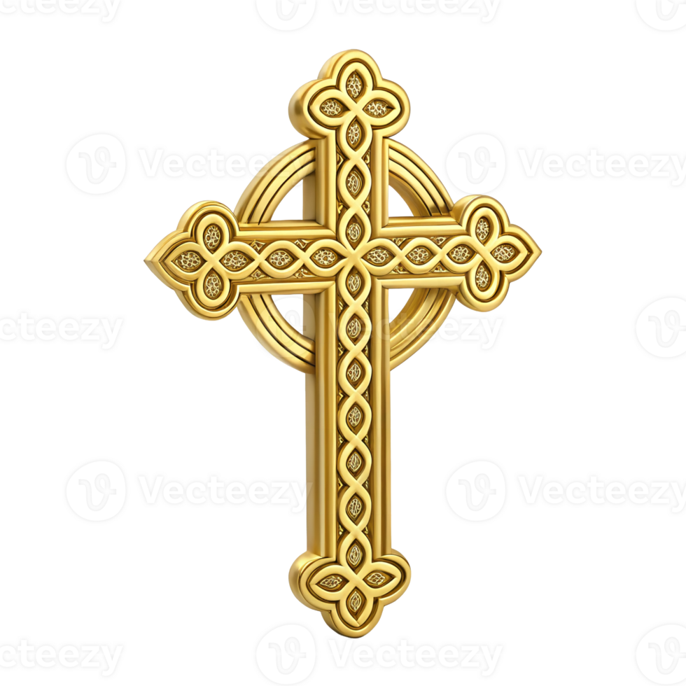 Ornate Gold Celtic Cross Religious Symbol Christian Icon 3D Render Detailed Design png