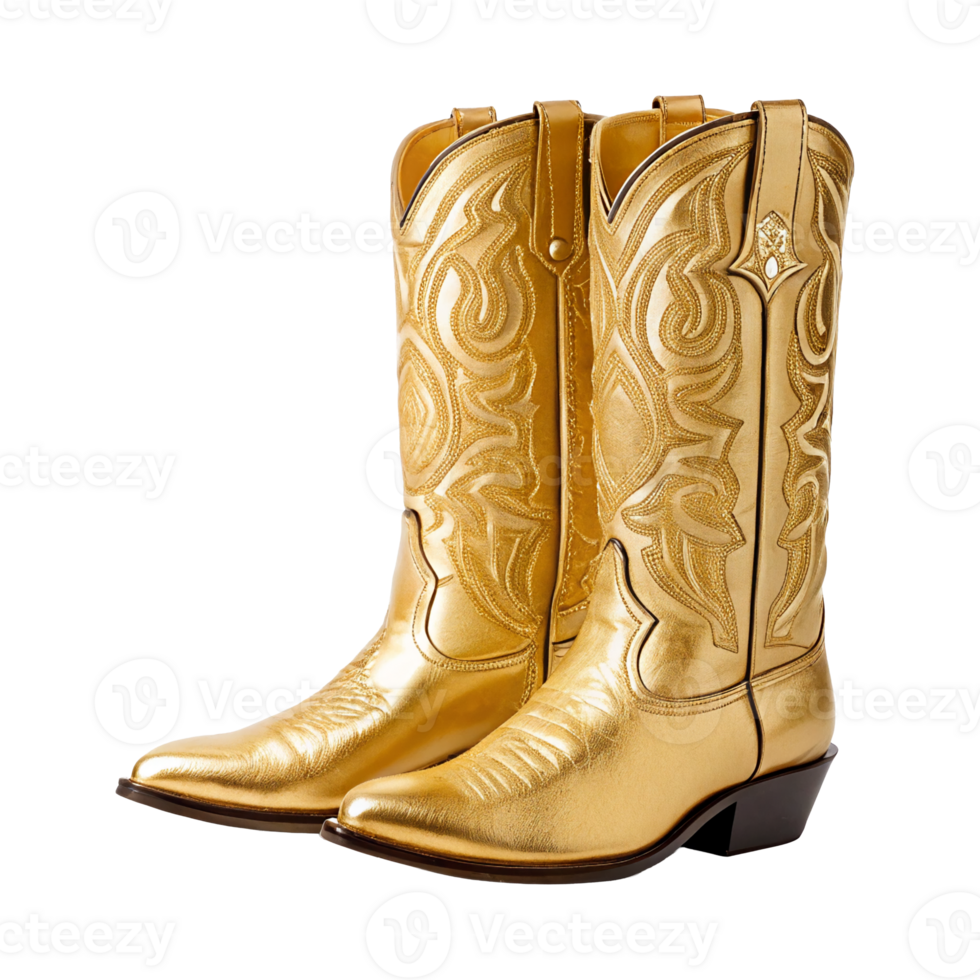 Elegant Gold Leather Cowboy Boots Western Fashion Footwear Pair of Luxury Shoes png