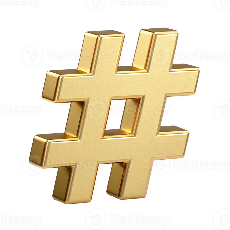 3D Render of Golden Hashtag Symbol Social Media Icon Luxury Gold Hash Sign Isolated on Black png