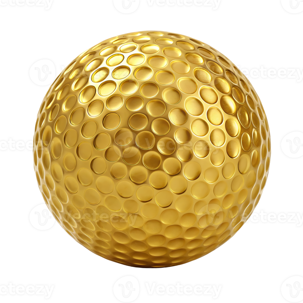 Luxurious golden golf ball shiny sport equipment 3d render isolated transparent background png