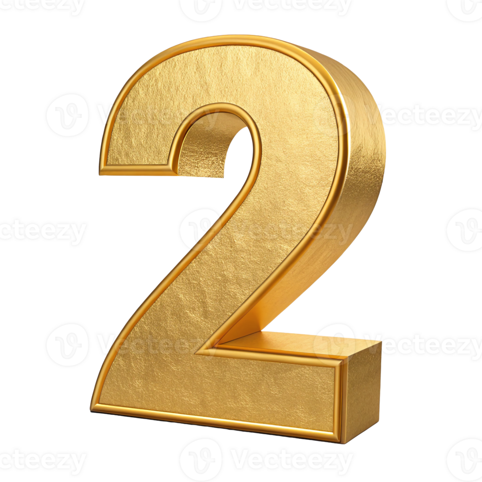 Gold Number Two 3D Render Luxury Metallic Second Place Award Achievement Elegant Digit png