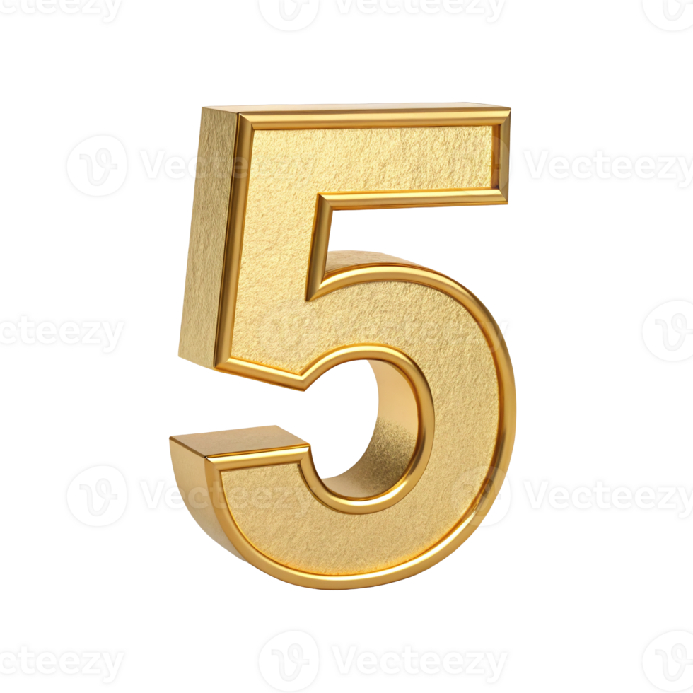 Gold Number Five 3D Render Metallic Texture Luxury Digit Five Golden Number Isolated on Black png