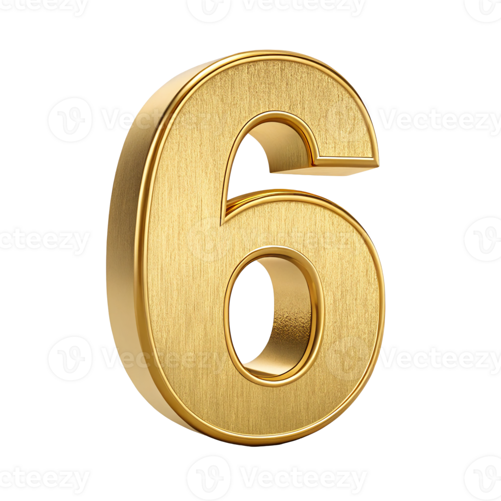 Golden number six 3d render brushed gold texture luxury digit isolated transparent background png
