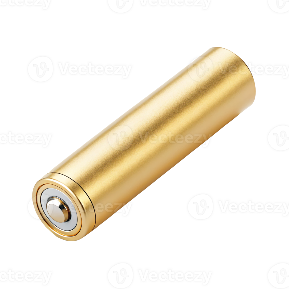 Gold colored cylindrical battery isolated transparent background energy power source close up studio png