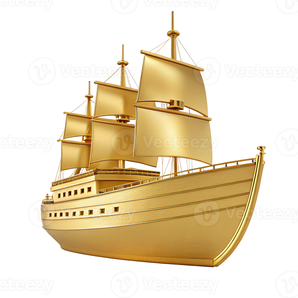 Luxurious golden sailing ship 3d render isolated transparent background png
