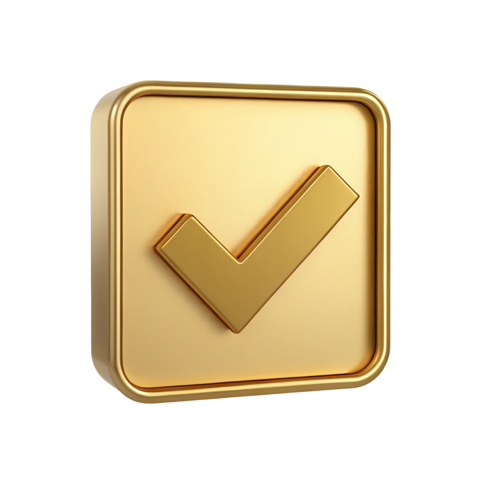 Golden 3D Check Mark Icon in Square Frame Approved Success Complete Symbol png