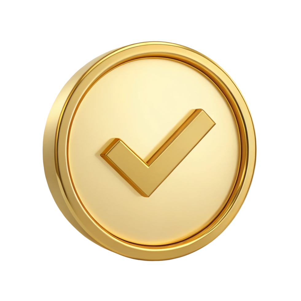 3D Golden Check Mark Icon in Circular Frame Approved Success Confirmation Symbol png