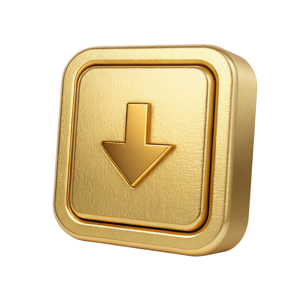 Gold Download Button Icon 3D Render of Luxury Square Arrow png