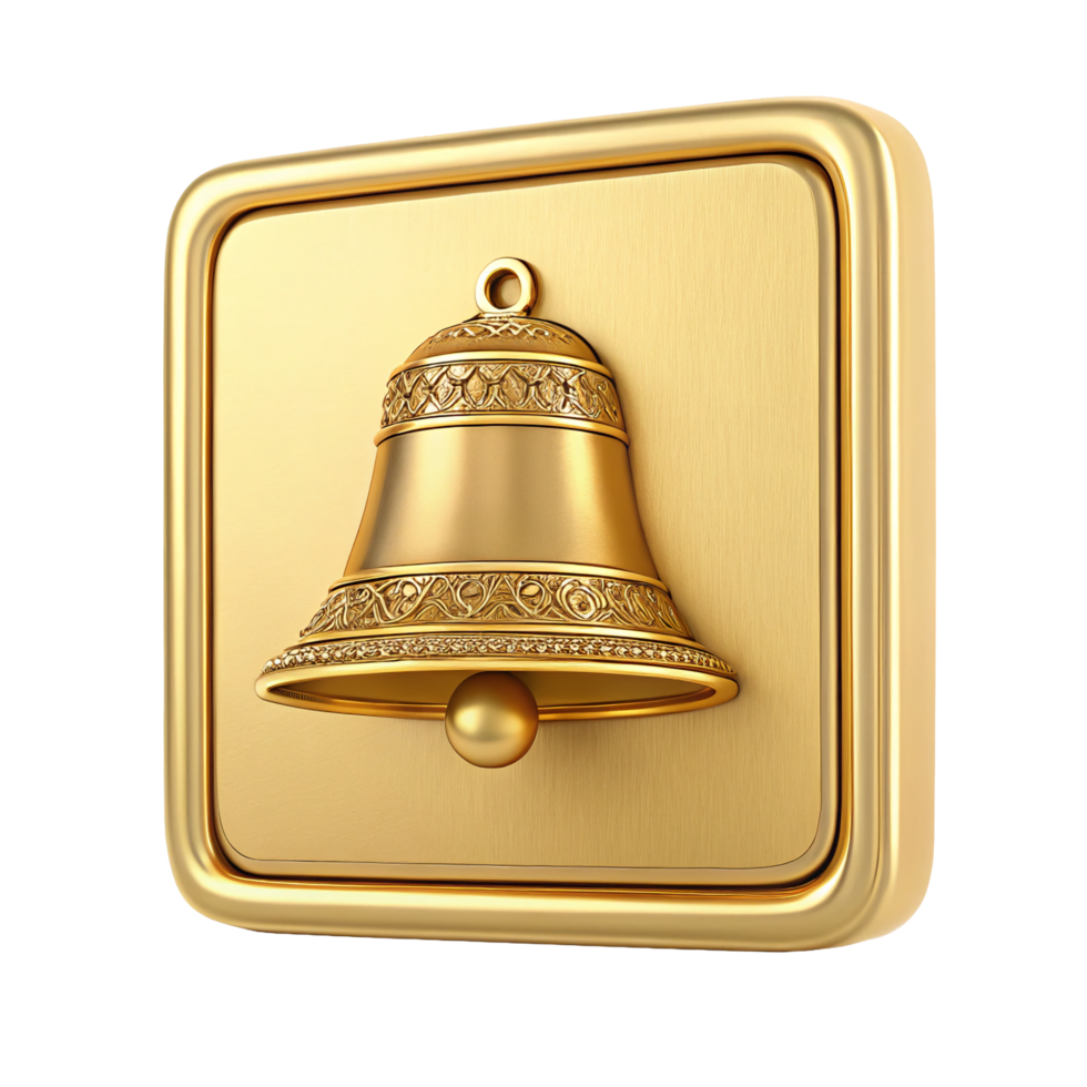 Elegant Golden Bell on Square Plate Ornate Design 3D Render Luxury Announcement png
