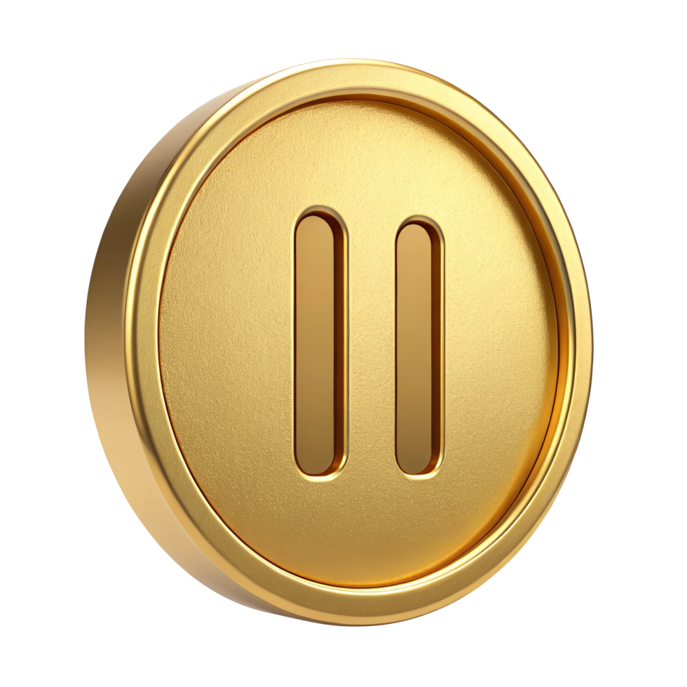 3D Render of a Gold Pause Button Coin Game Asset Media Control Icon png