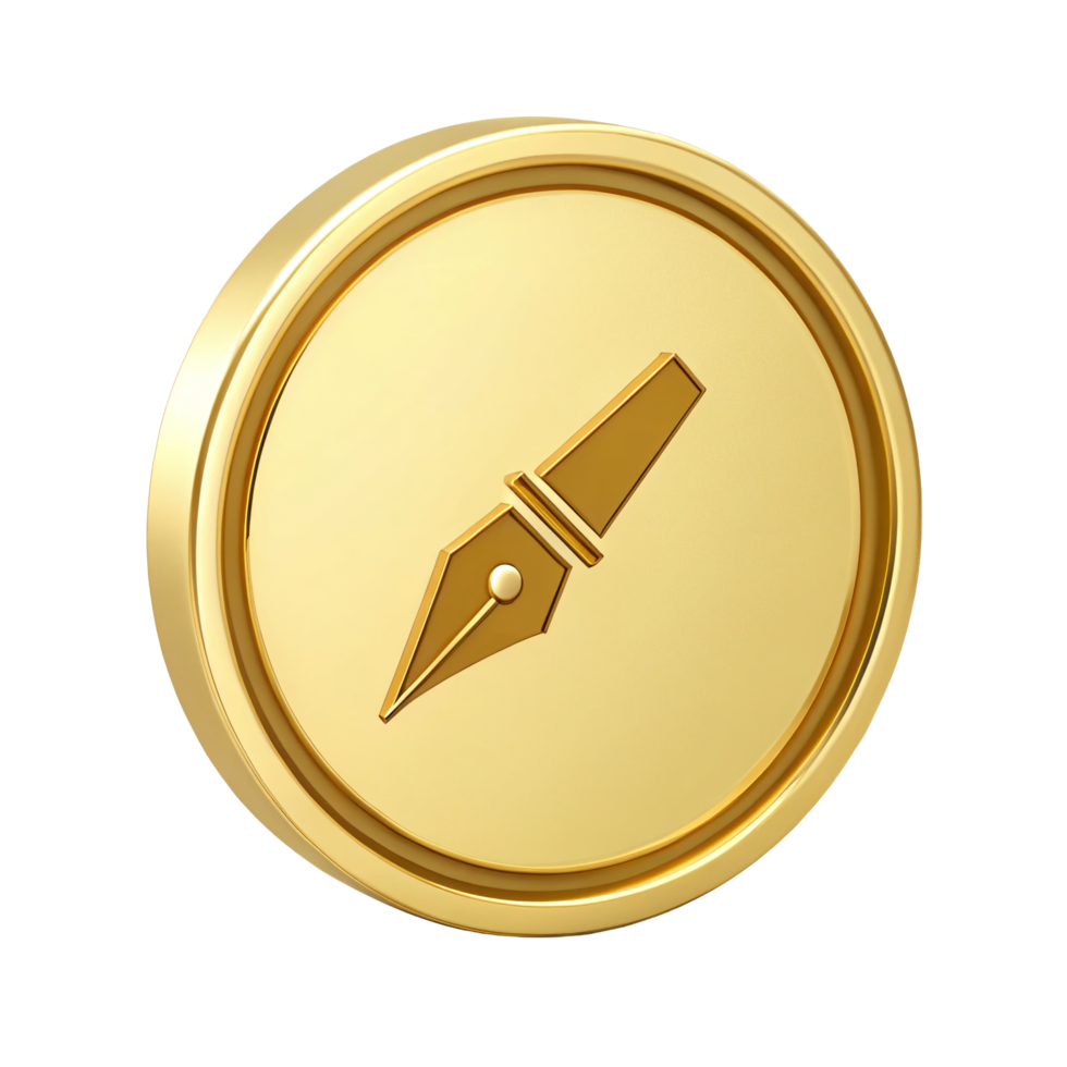 Golden Pen Nib Icon on Circular Badge 3D Render Luxury Writing Design Element png
