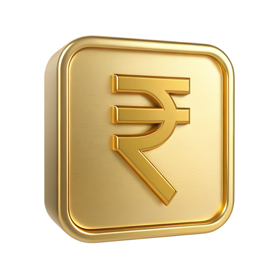 3D Render of Golden Square Button with Indian Rupee Symbol png