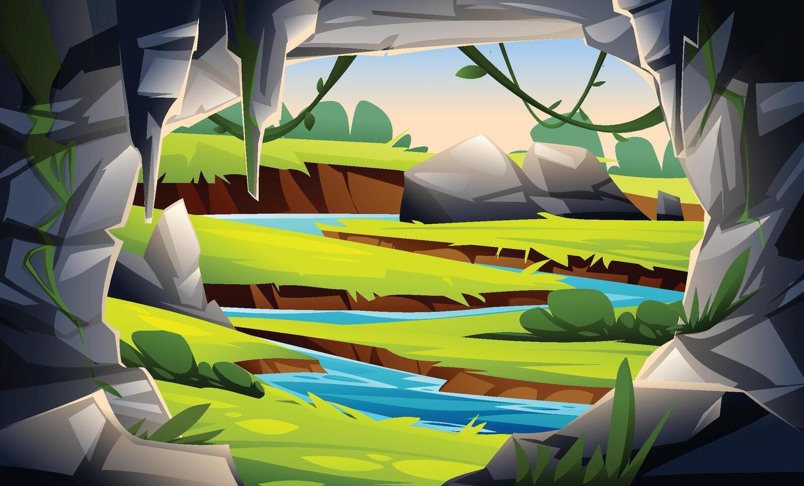 Landscape of a river and rocks seen from inside a cave. Cartoon illustration vector