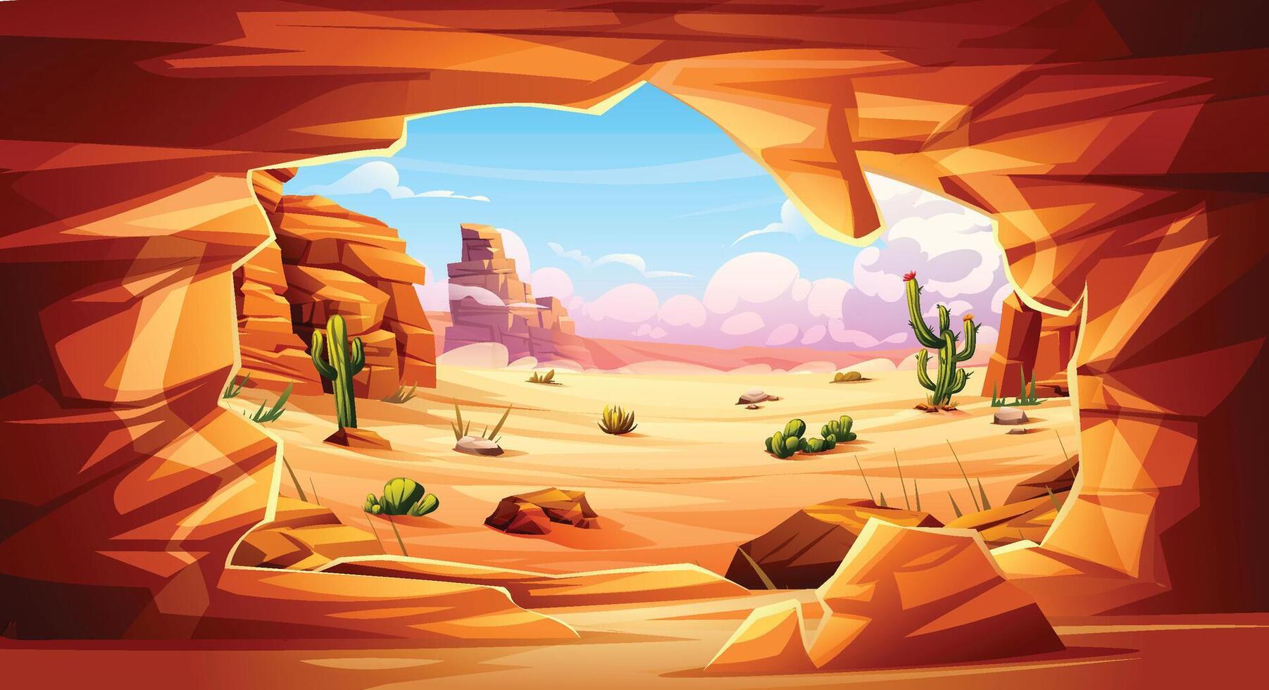 Cactus and rocky desert terrain under bright sky seen from cave. Cartoon illustration vector
