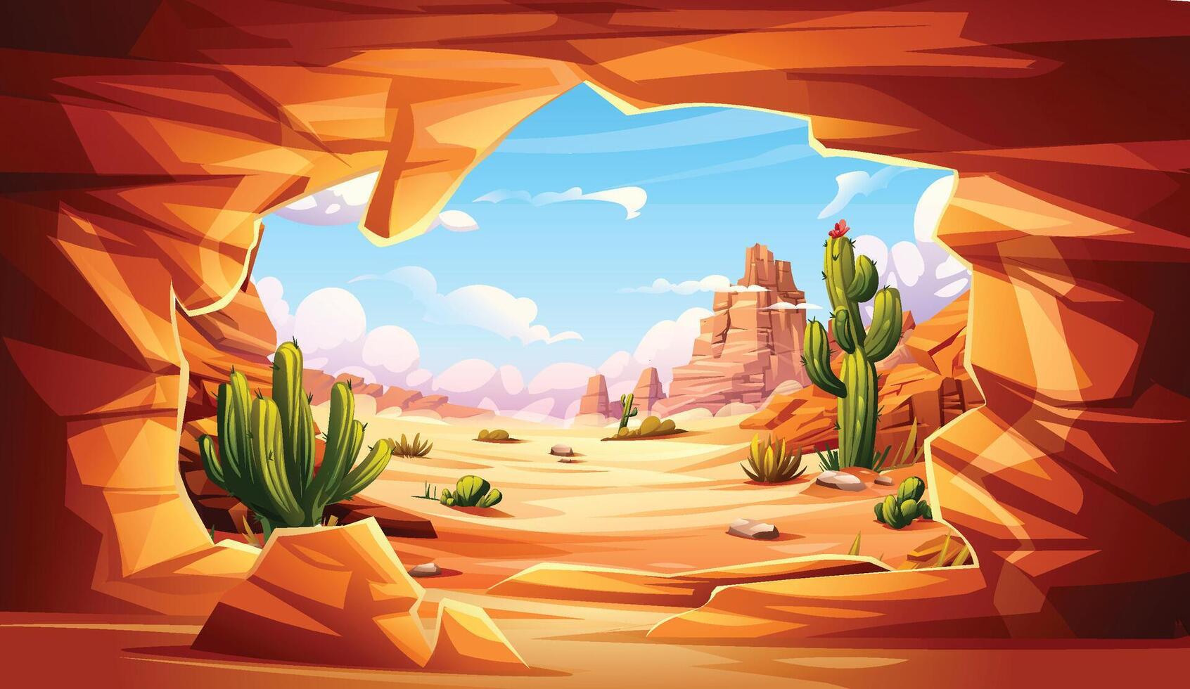 Desert canyon view with cacti and rocks seen from a cave entrance under a bright blue sky. Cartoon illustration vector