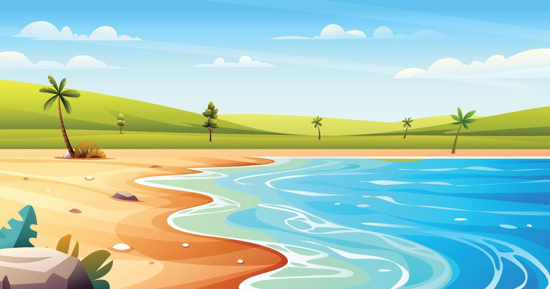 Sunny beach with palm trees, sand, and blue ocean on a sunny day. Cartoon illustration vector