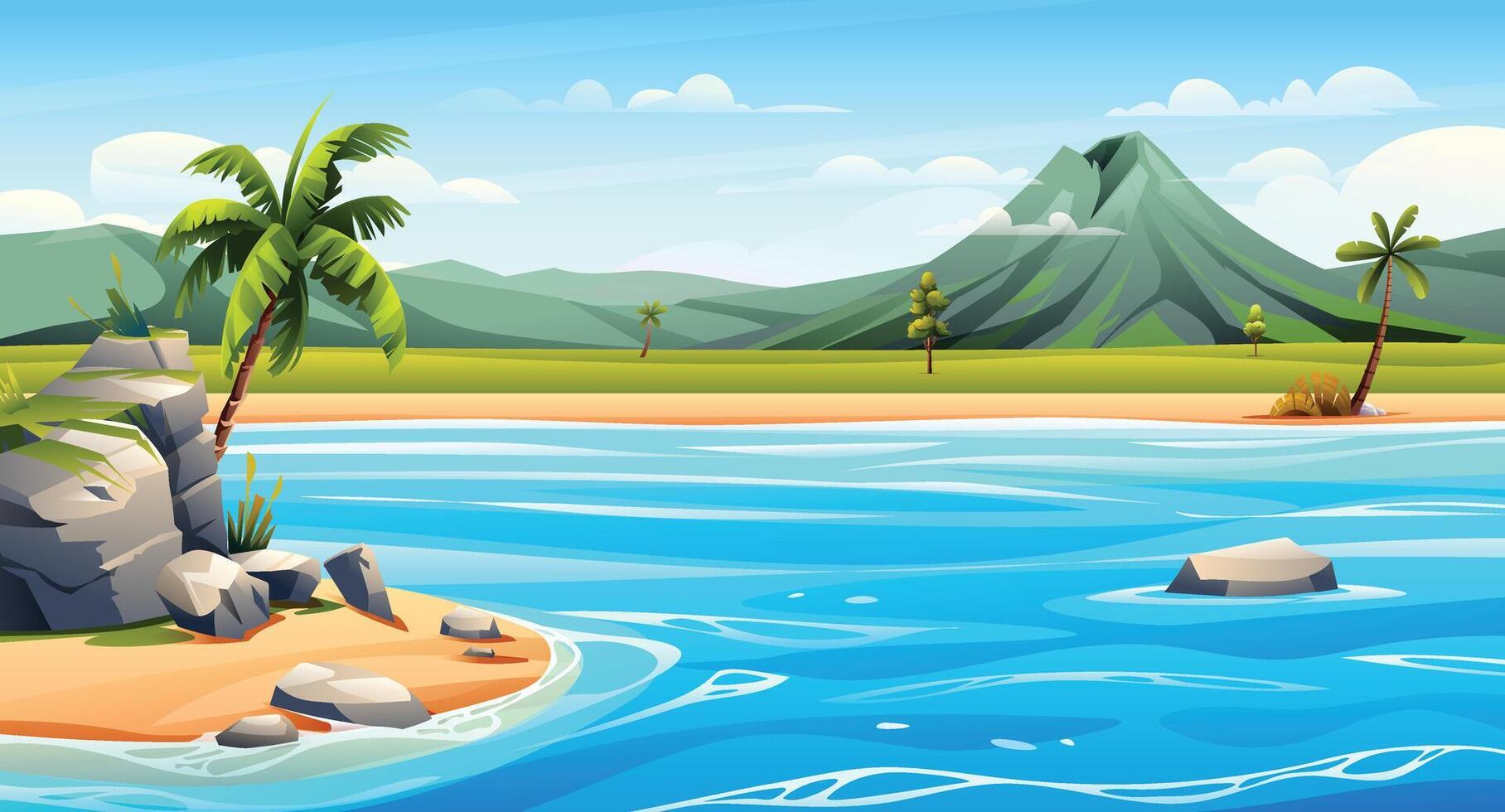 Scenic tropical beach with palm trees, mountains and ocean view. Cartoon illustration vector