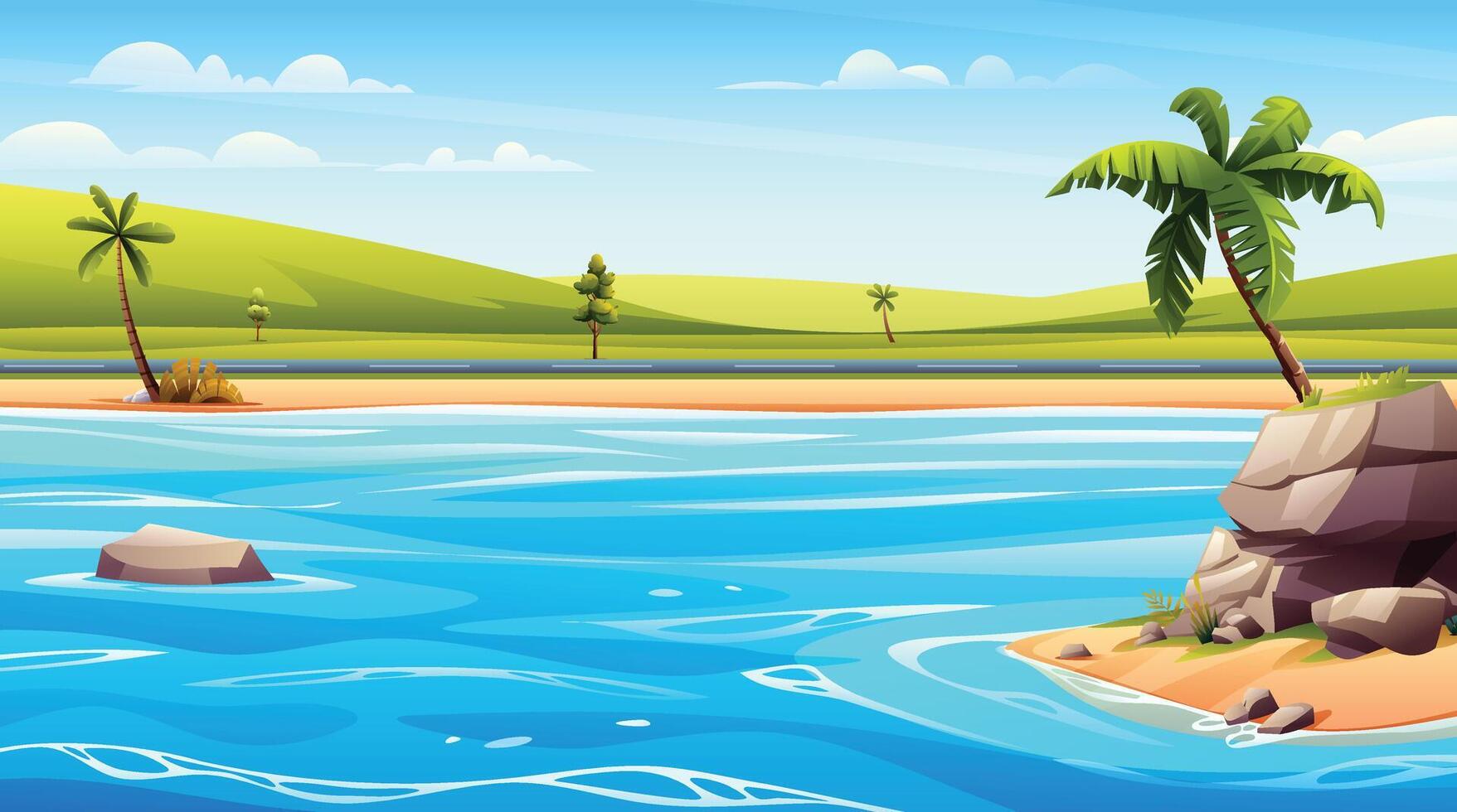 Blue ocean shoreline with rock island, road view, and palm trees. Cartoon illustration vector