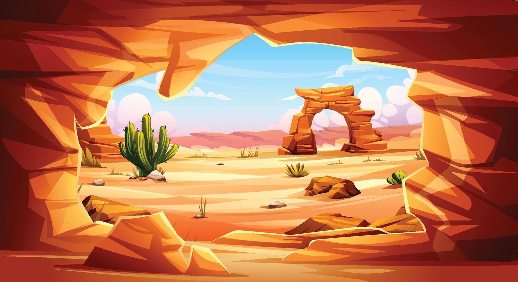 Desert canyon seen from inside rocky cave with cactus and natural arch. Cartoon illustration vector