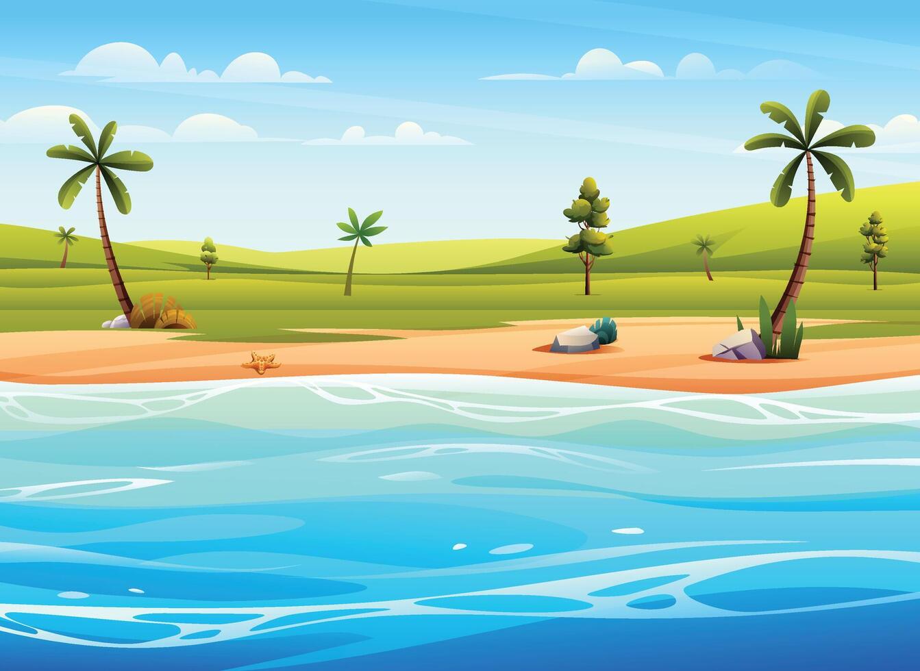 Peaceful beach with palm trees and grassy hills by a calm ocean under blue sky. Cartoon illustration vector