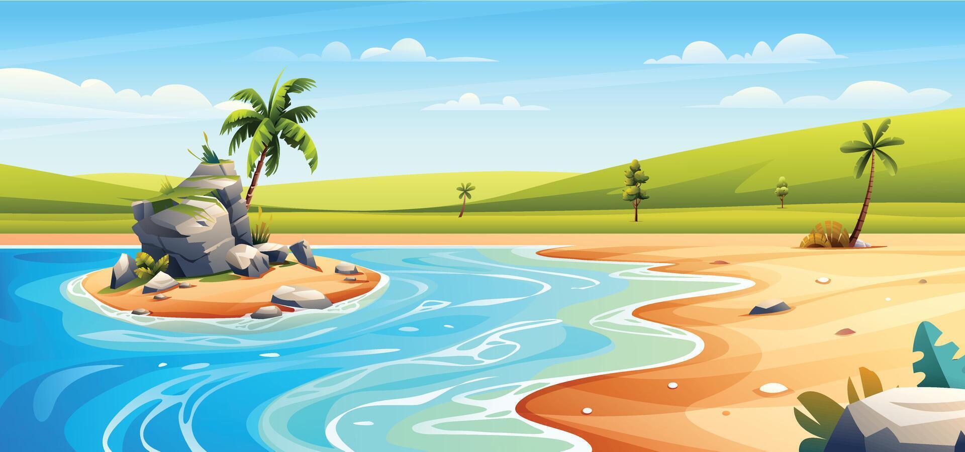 Beach scene with palm trees, rocks and sea waves. Cartoon illustration vector