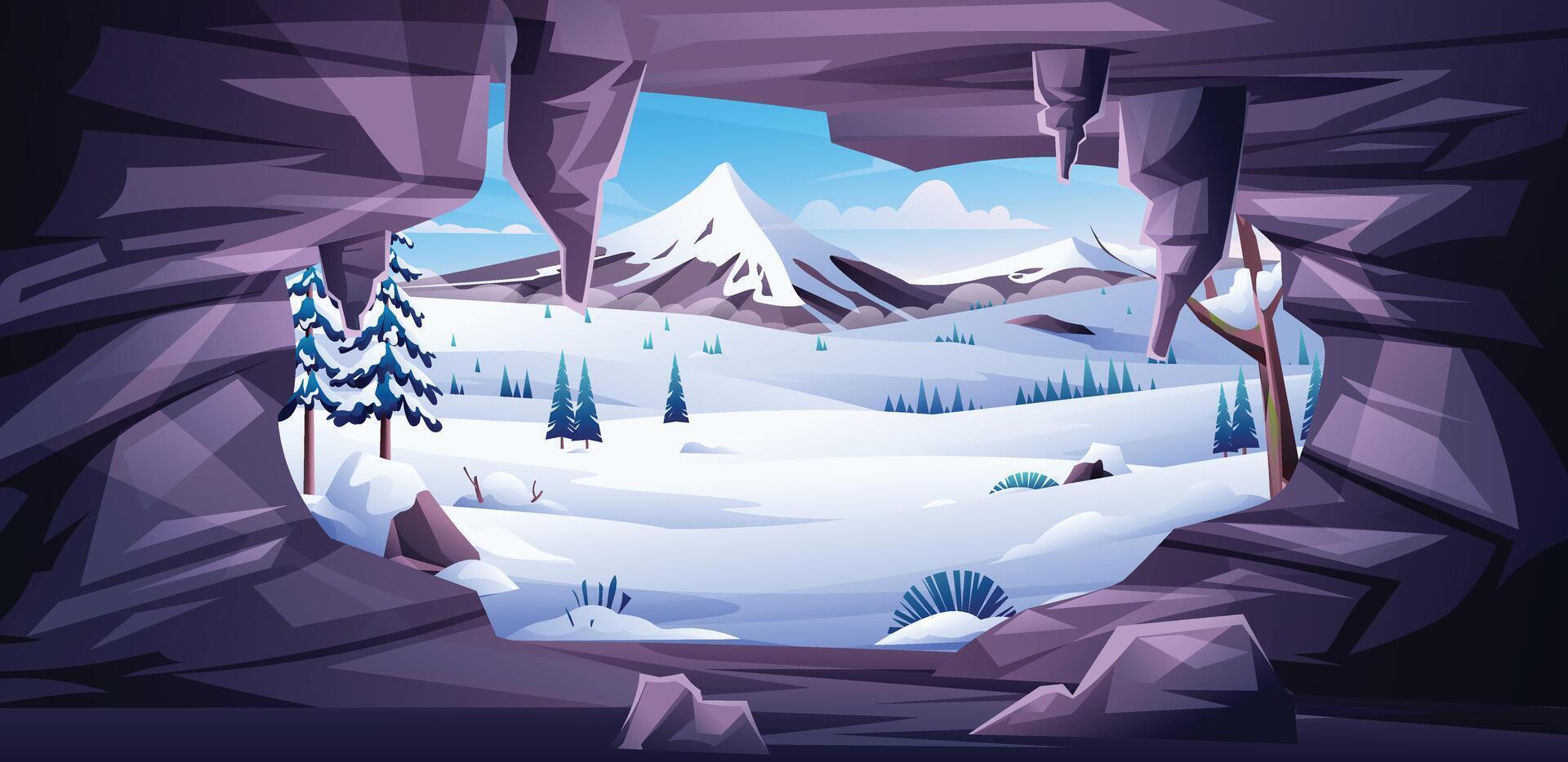 Frozen mountain valley landscape viewed from inside a winter cave. Cartoon illustration vector