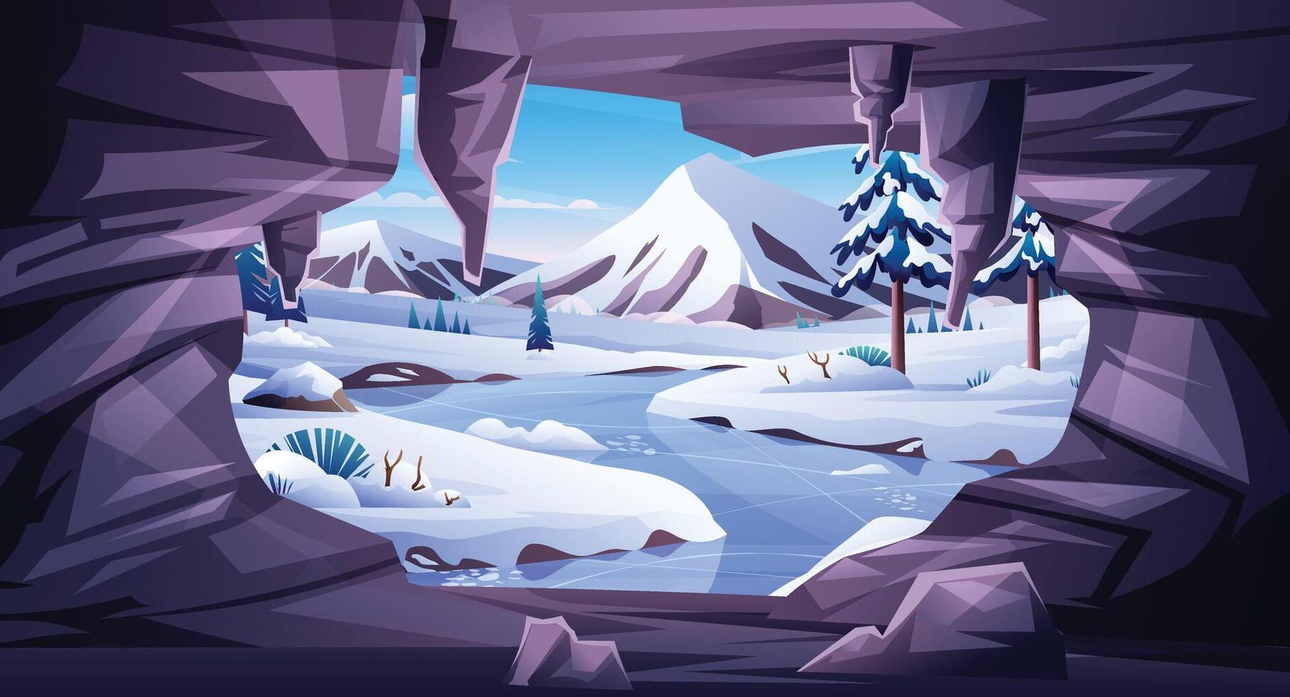 Frozen river and snow covered mountains seen through cave opening. Cartoon illustration vector