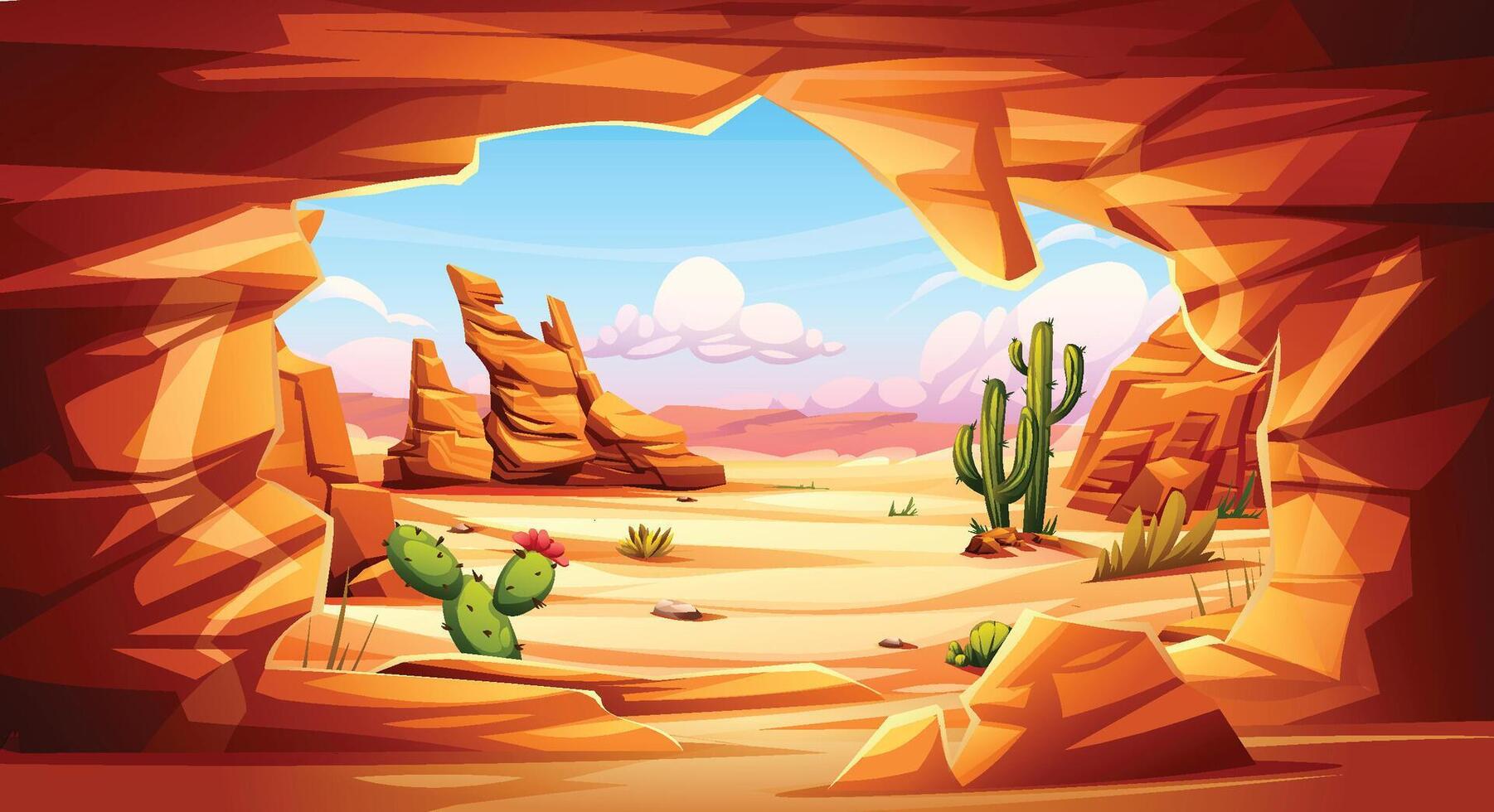 Desert view from inside a red rocky cave with cactus and sandstone hills. Cartoon illustration vector