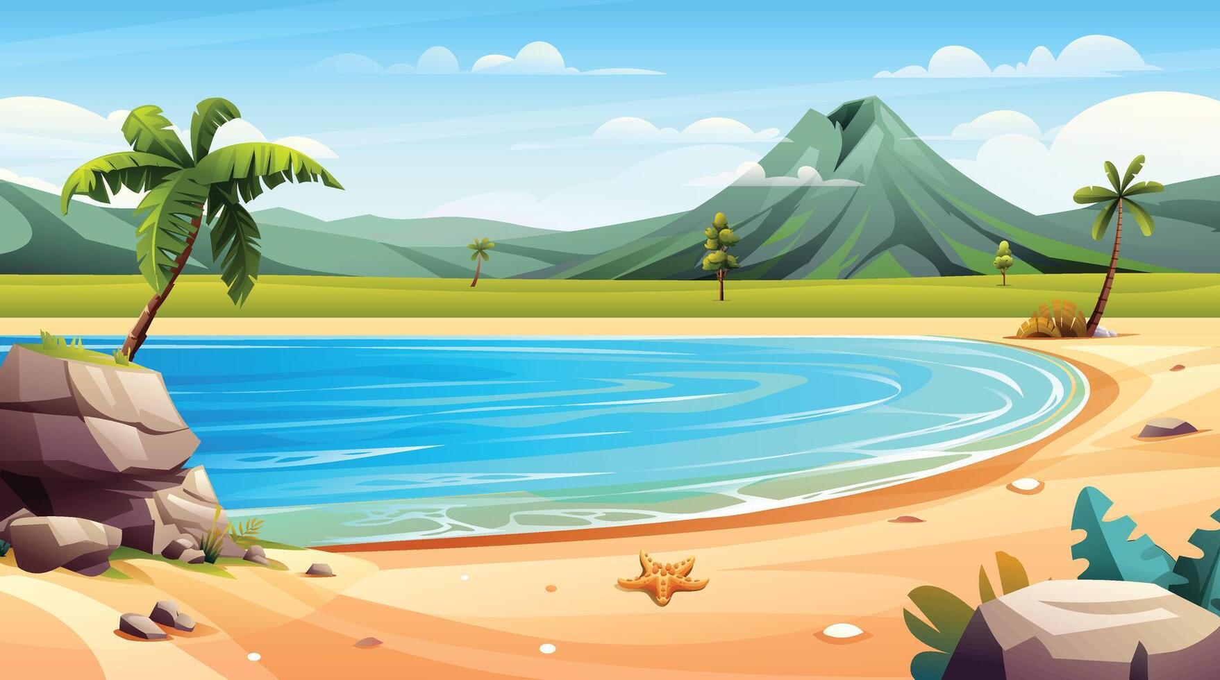 Tropical beach with palm trees, mountain view and starfish on sand. Cartoon illustration vector