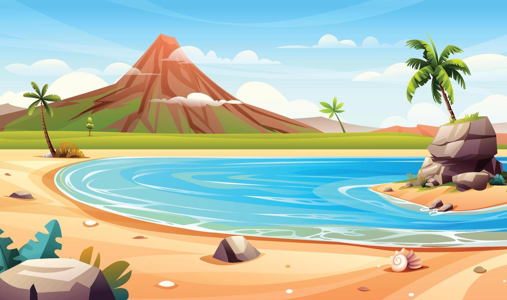 Tropical beach with a mountain, palm trees, and blue sea under a bright sky. Cartoon illustration vector