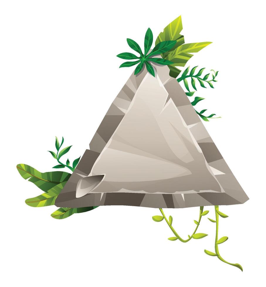 Triangular stone sign decorated with tropical leaves and vines for jungle theme. Cartoon illustration vector