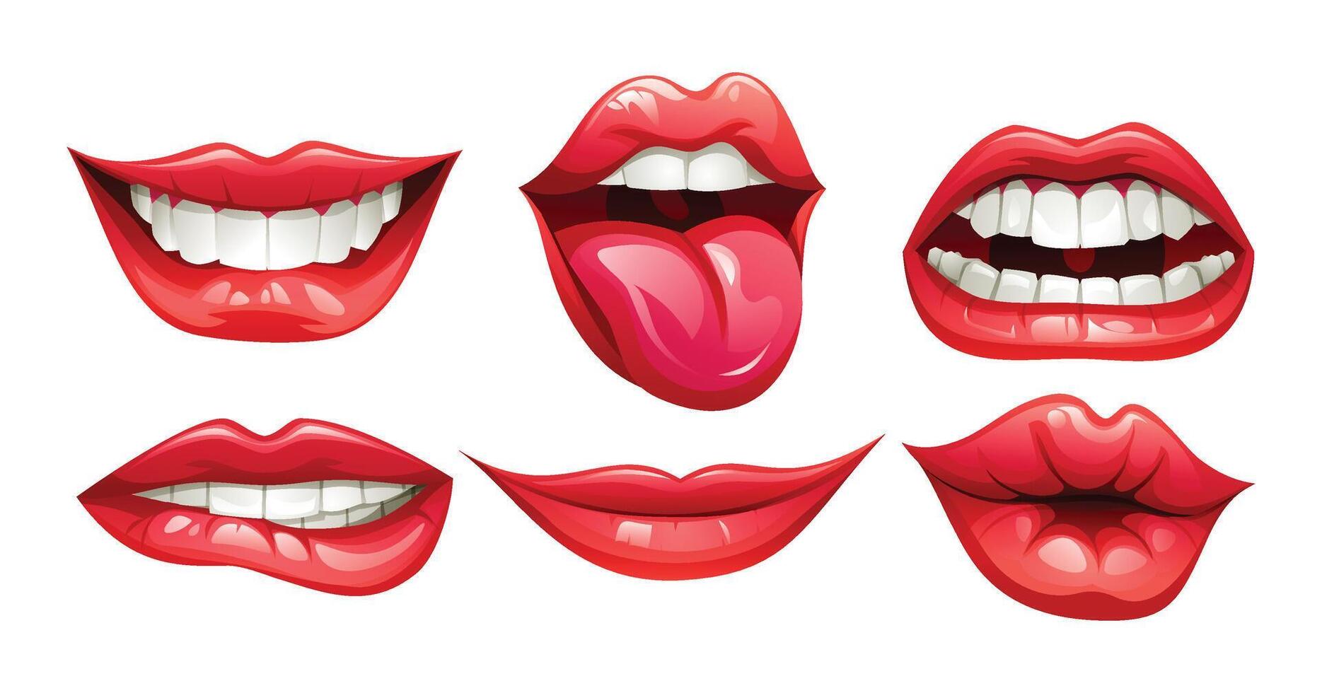 Set of different lip expressions showcasing teeth, tongue, and mouth poses. Cartoon illustration vector