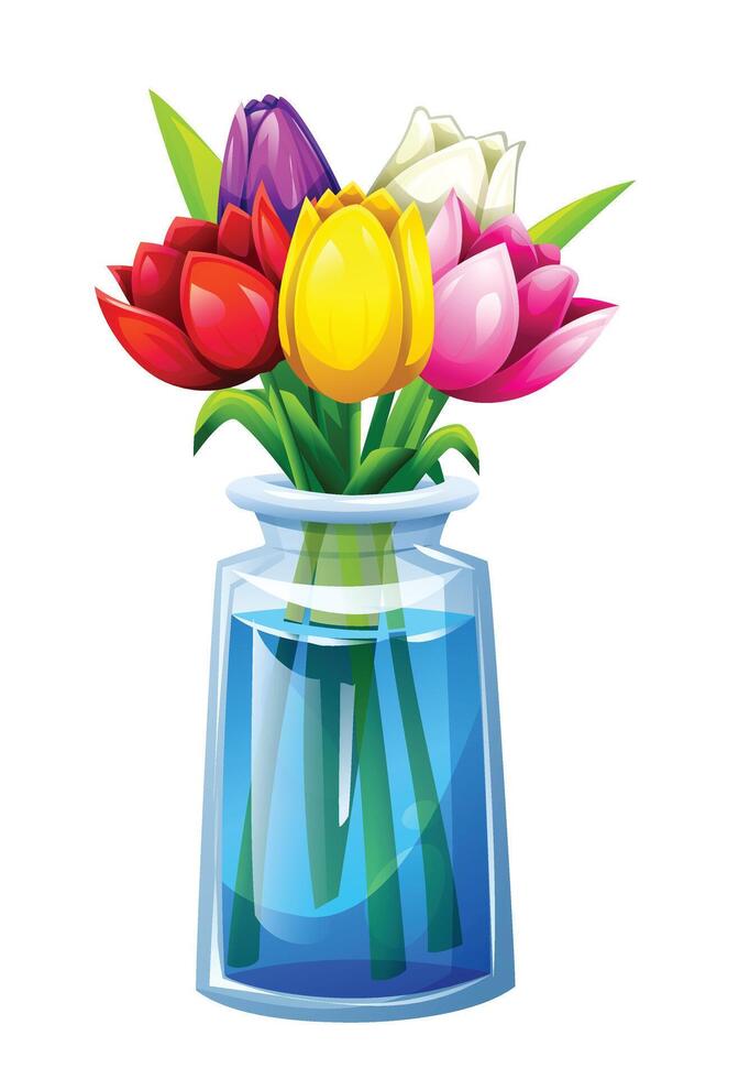 Colorful tulip bouquet in a transparent vase with water and mixed flowers. Cartoon illustration vector