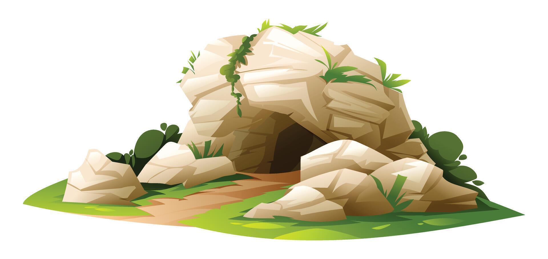 Stone cave with leafy vegetation and rocky terrain. Cartoon illustration vector