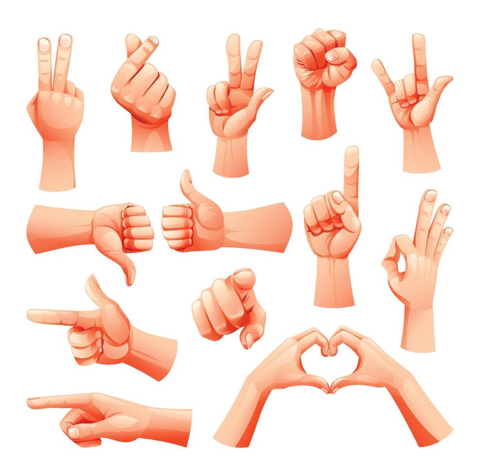 Hand gestures and signs such as peace, fist, pointing, and love. Cartoon illustration vector