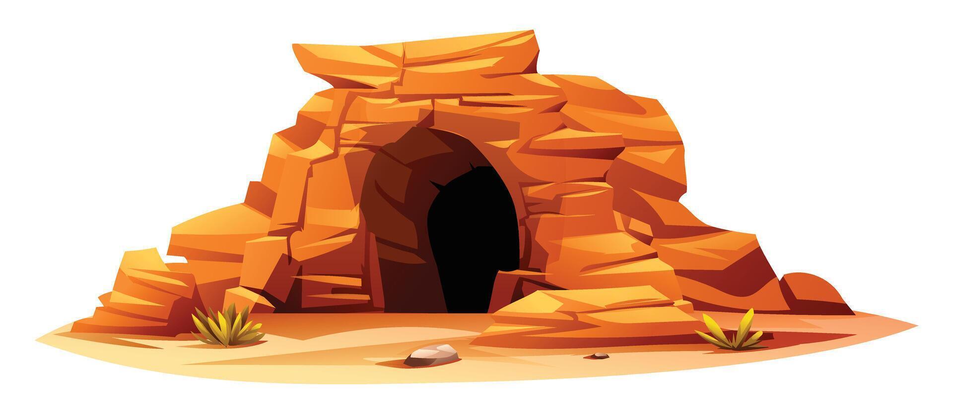Desert cave with layered rock formations and arid terrain. Cartoon illustration vector