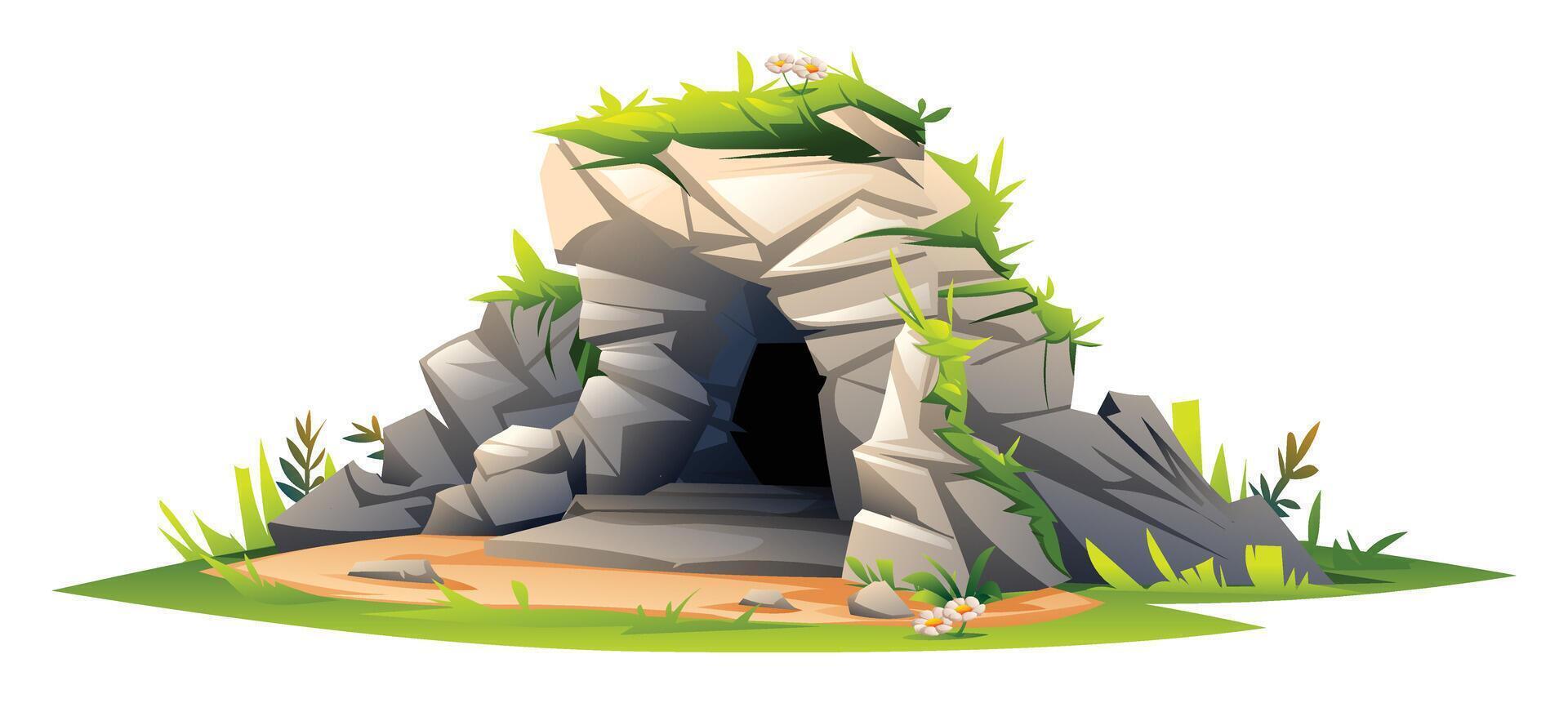 Stone cave with moss and flowers. Cartoon illustration vector