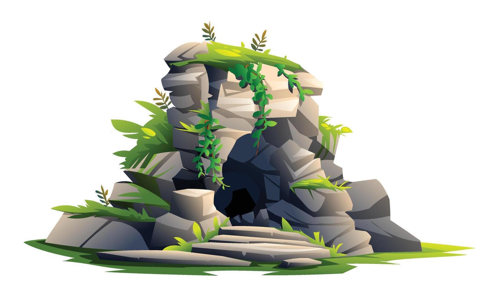 Cave with rocky entrance and greenery. Cartoon illustration vector