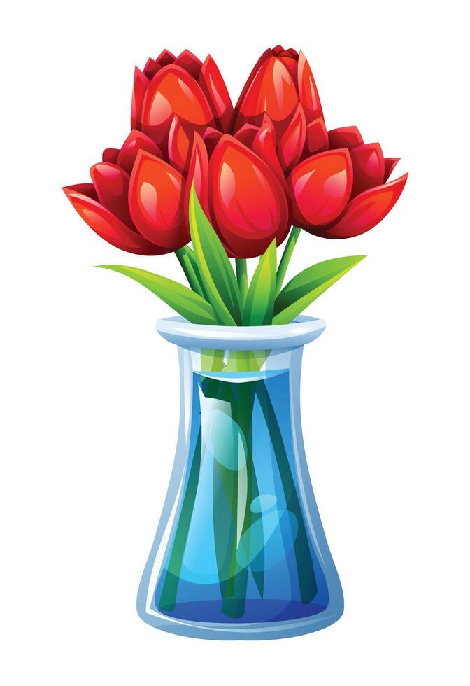 Bouquet of red tulips in a tall glass vase with green stems and leaves. Cartoon illustration vector
