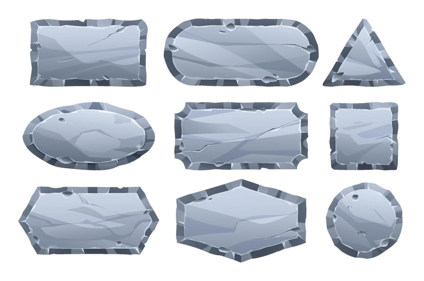 Set of stone board with sharp jagged edges and rough surface, giving it a fractured look. Stone banner element for game and web. Ui or gui design element. Cartoon illustration vector
