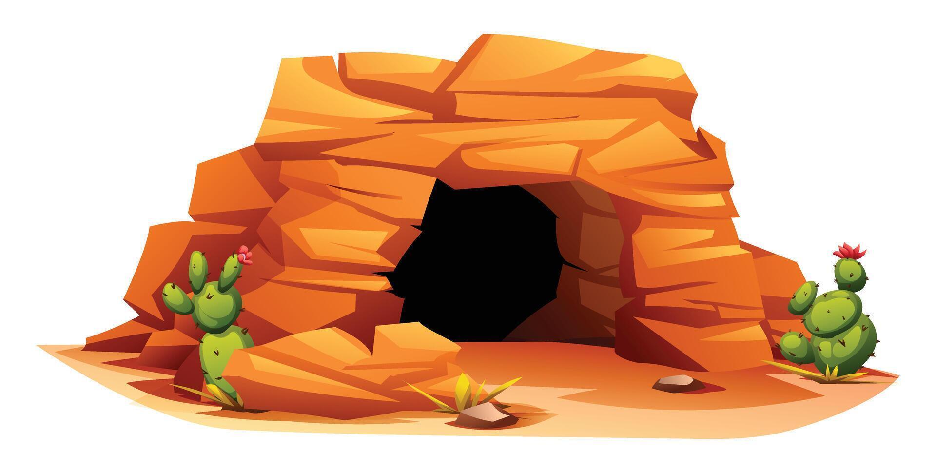Desert cave with cactus plants and rocky surroundings. Cartoon illustration vector