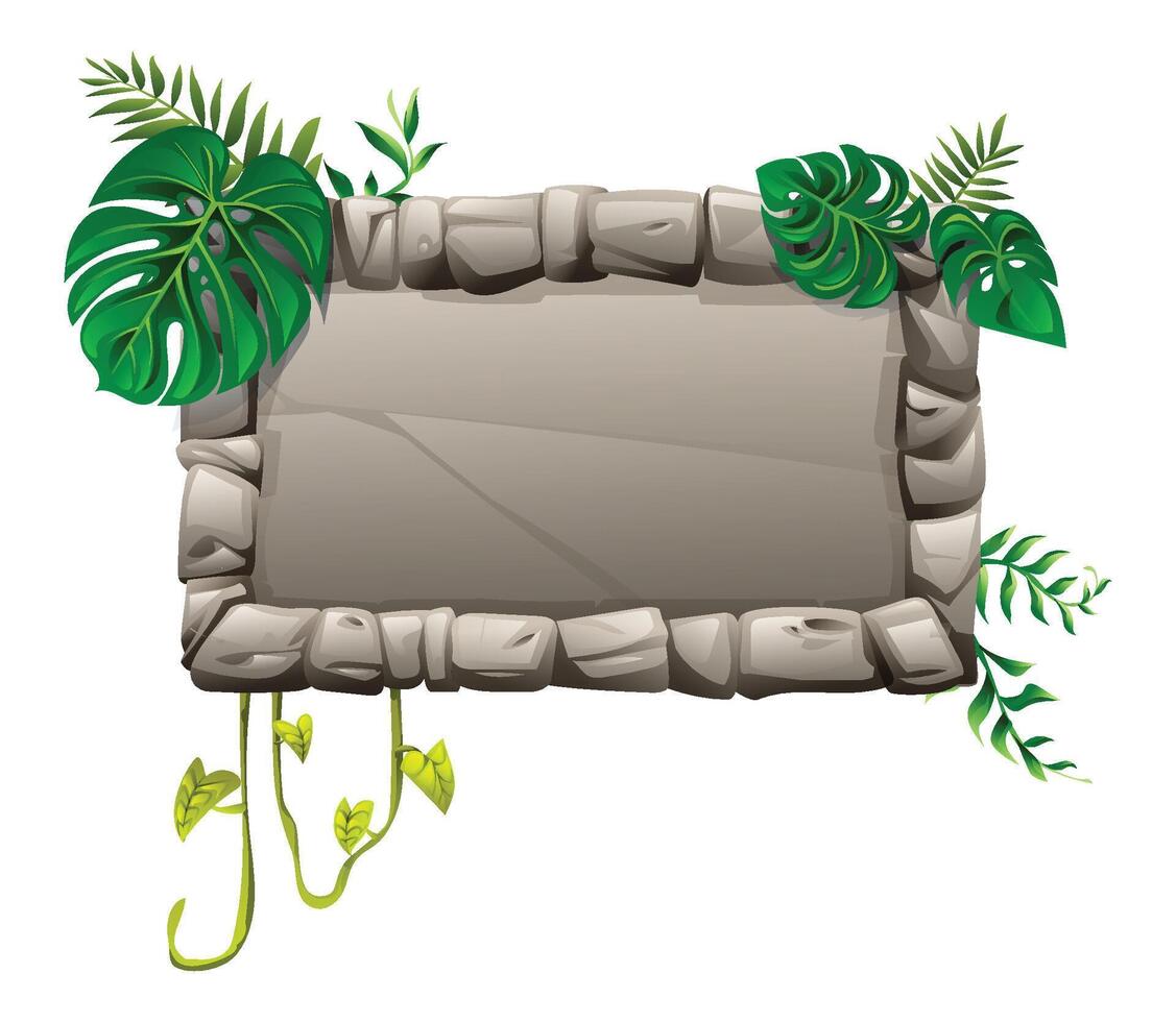 Rectangular jungle stone board with arranged rocks, vines and tropical leaves. Cartoon illustration vector