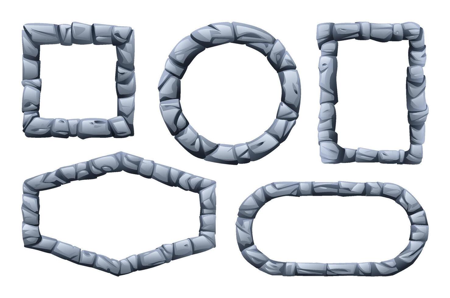 Set of stone frame made of jagged stone pieces in various shapes including square, circular, and rectangular with rough edges. Cartoon illustration vector