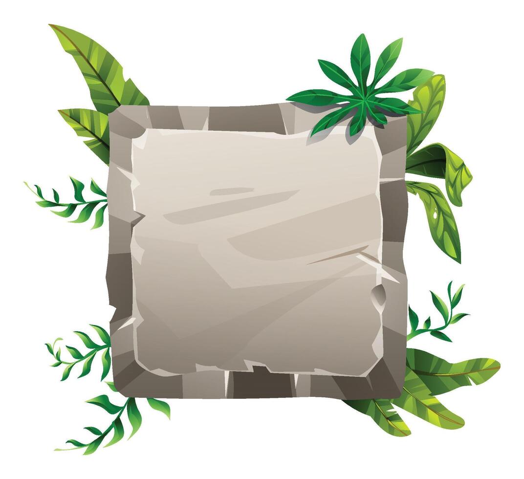 Square stone sign with cracked edges and tropical foliage decoration. Cartoon illustration vector