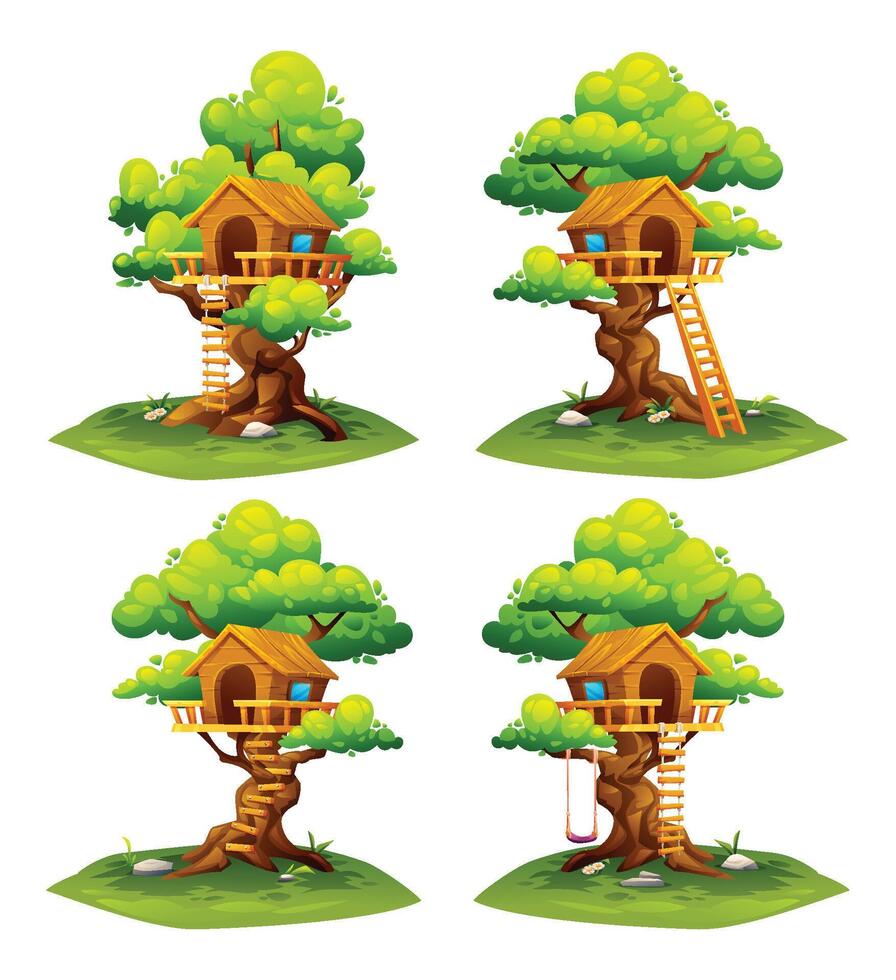 Set of charming tree houses with different features like a swing, ladder, and open space in nature. Cartoon illustration vector