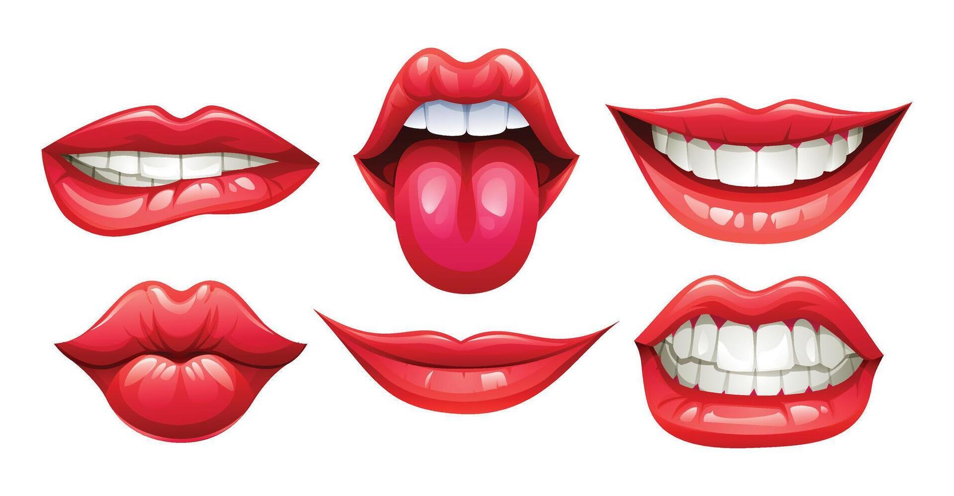 Collection of different lip expressions showcasing teeth, tongue, and mouth poses. Cartoon illustration vector